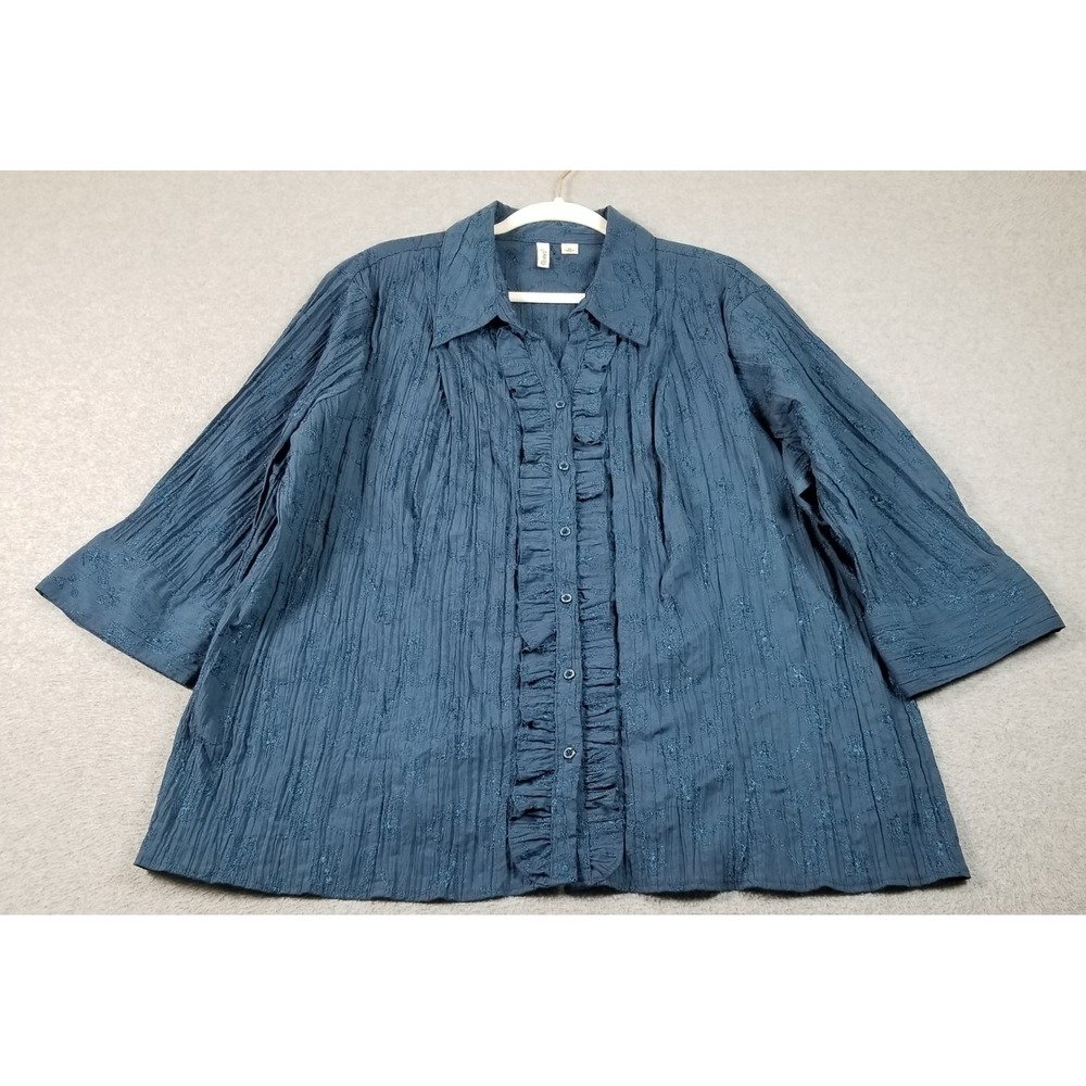 St Johns Bay Button Up Shirt Woman's 3X Plus Blue‎ Paisley Embroidery 3/4 Sleeve